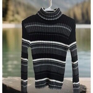 Y2k 90s Rave Sz L Ribbed Striped Acrylic Turtleneck Stretchy Sweater Deadstock